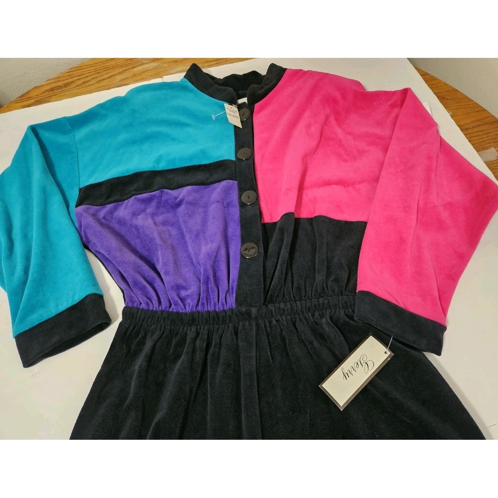Gerry Vintage Velour 80s Multicolor Shoulder Pad Jumpsuit USA Made Size Large - Picture 3 of 9
